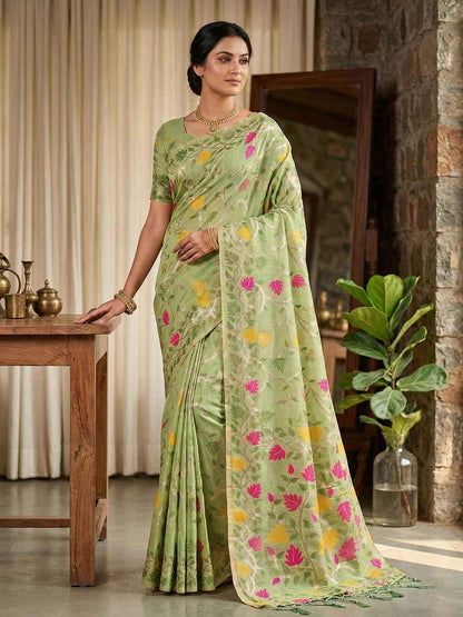 Green Linen Cotton Brocade Saree | EZB SI04 SRLOV 1002
