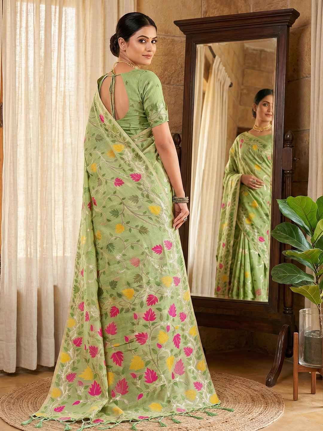 Green Linen Cotton Brocade Saree | EZB SI04 SRLOV 1002