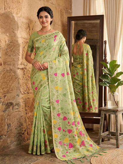 Green Linen Cotton Brocade Saree | EZB SI04 SRLOV 1002