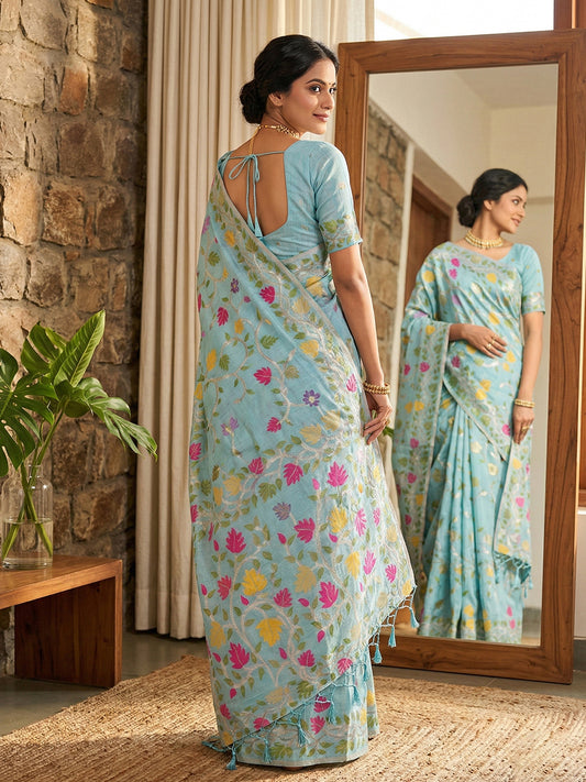Sky Blue Linen Cotton Saree with Blouse Piece | EZBER