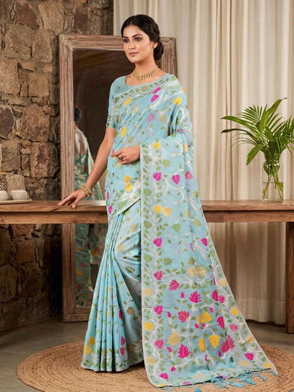 Sky Blue Linen Cotton Brocade Saree | EZB SI04 SRLOV 1003