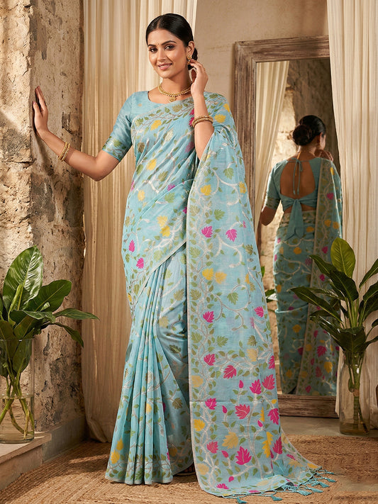 sky-blue-linen-cotton-saree