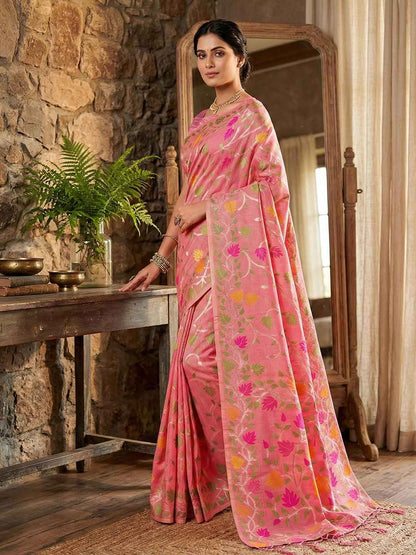 Pink Linen Cotton Brocade Saree | EZB SI04 SRLOV 1004