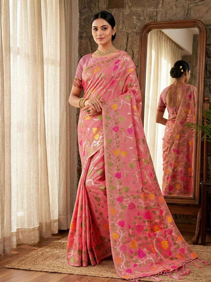 Pink Linen Cotton Brocade Saree | EZB SI04 SRLOV 1004
