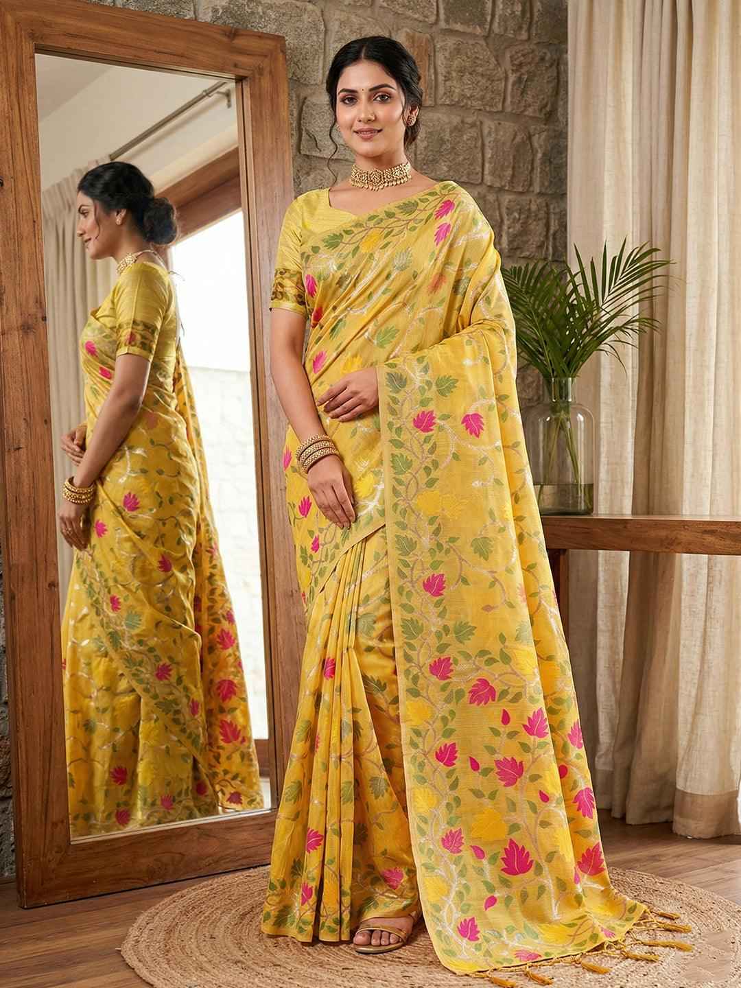 White Linen Cotton Brocade Saree | EZB SI04 SRLOV 1005