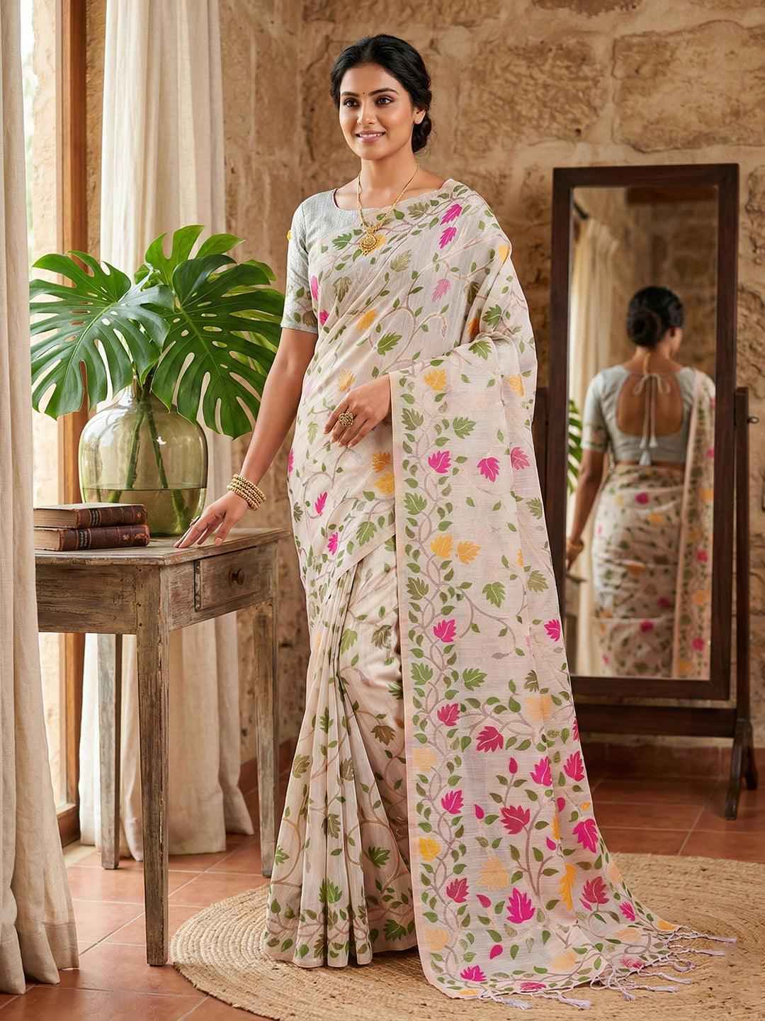 Yellow Linen Cotton Brocade Saree | EZB SI04 SRLOV 1006