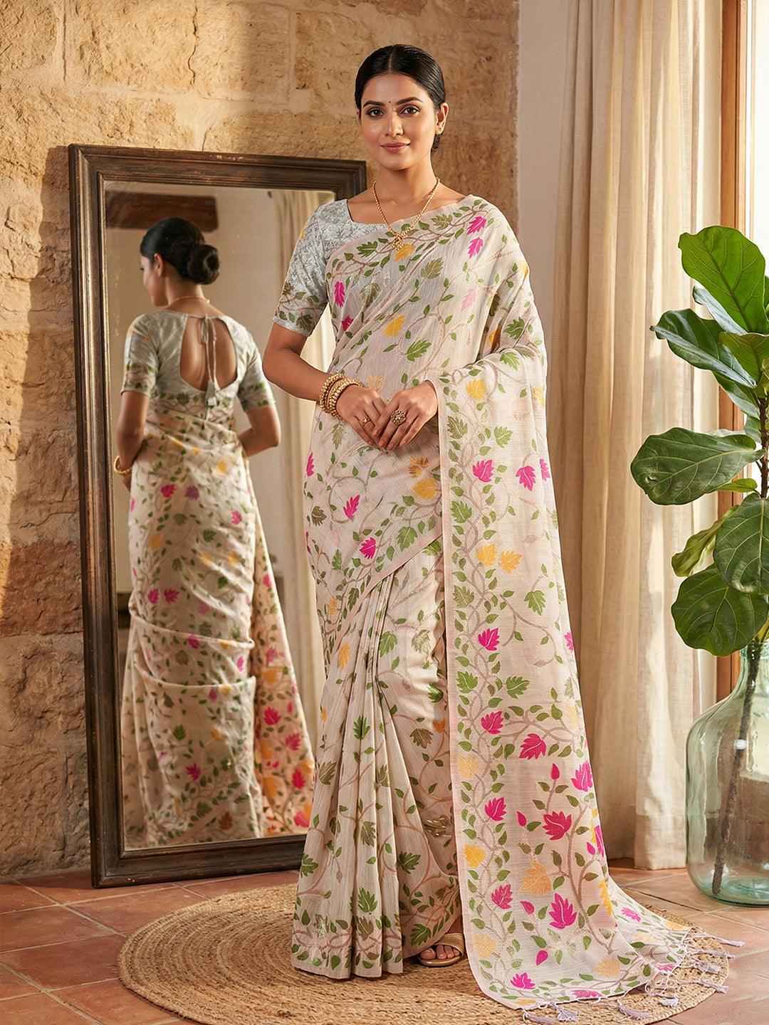 Yellow Linen Cotton Brocade Saree | EZB SI04 SRLOV 1006