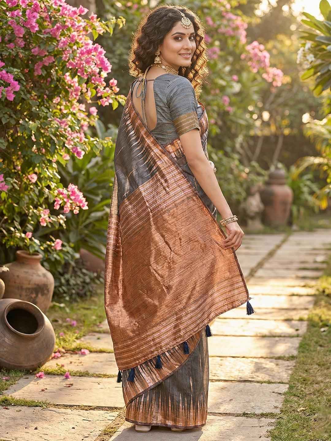 Grey Linen Cotton Brocade Saree | EZB SI04 SRMAD 1001