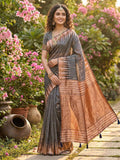 Grey Linen Cotton Brocade Saree | EZB SI04 SRMAD 1001