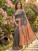 Grey Linen Cotton Brocade Saree | EZB SI04 SRMAD 1001