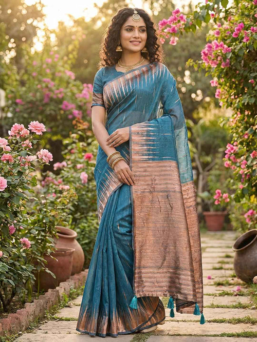 Blue Linen Cotton Brocade Saree | EZB SI04 SRMAD 1002