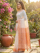 White Linen Cotton Brocade Saree | EZB SI04 SRMAD 1003
