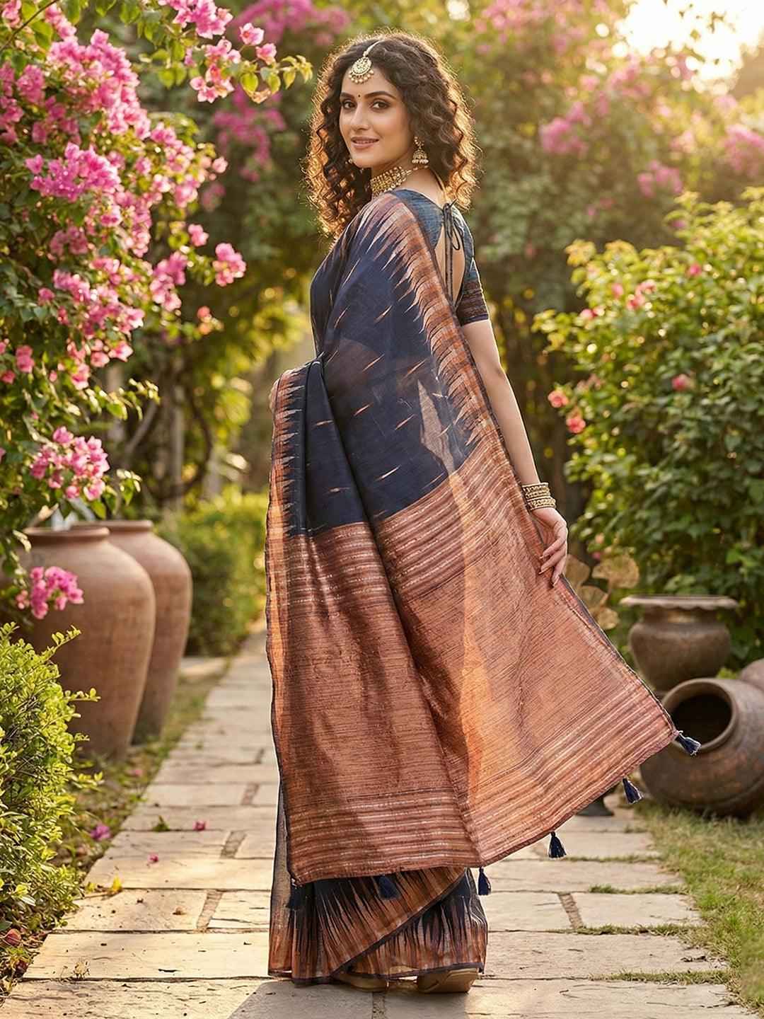 Navy Linen Cotton Brocade Saree | EZB SI04 SRMAD 1004