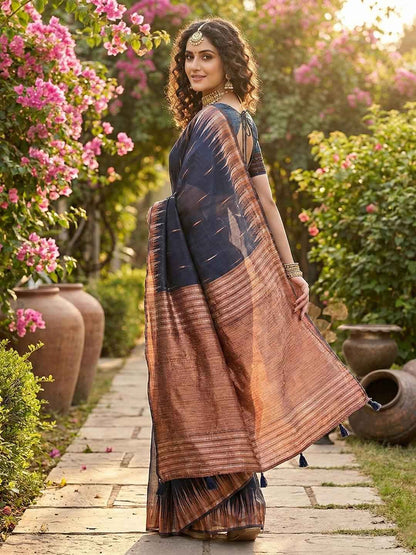 Navy Linen Cotton Brocade Saree | EZB SI04 SRMAD 1004