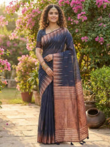 Navy Linen Cotton Brocade Saree | EZB SI04 SRMAD 1004