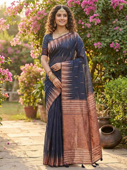 Navy Linen Cotton Brocade Saree | EZB SI04 SRMAD 1004