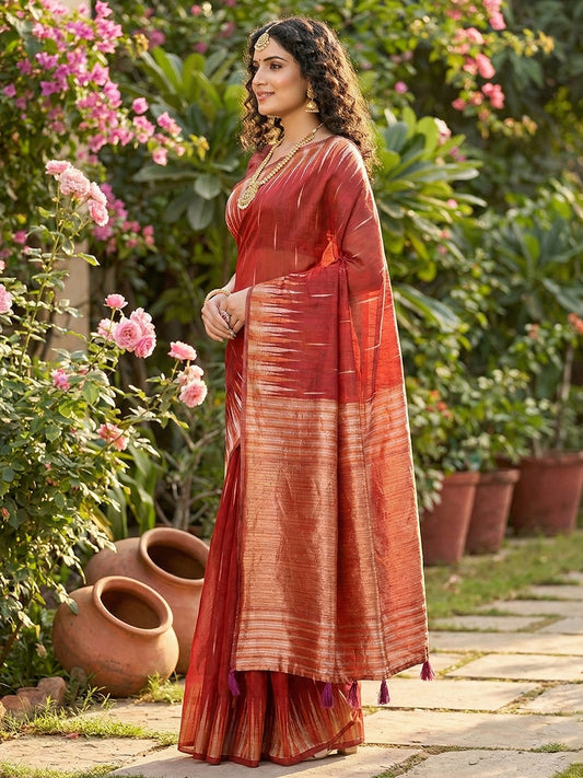 Red Linen Cotton Saree with Blouse Piece | EZBER