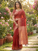 Red Linen Cotton Brocade Saree | EZB SI04 SRMAD 1005