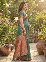 Green Linen Cotton Brocade Saree | EZB SI04 SRMAD 1006