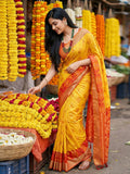 Pochampalli Silk Yellow Brocade Saree With Blouse Piece