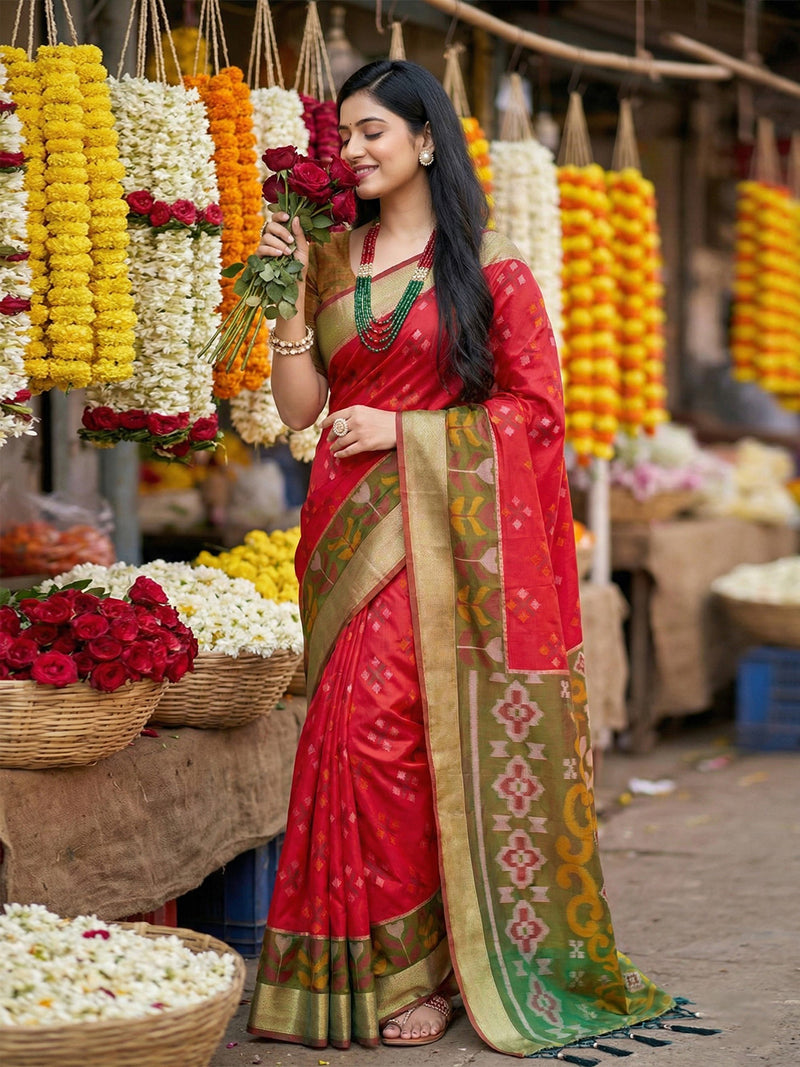 Pochampalli Silk Red Brocade Saree With Blouse Piece