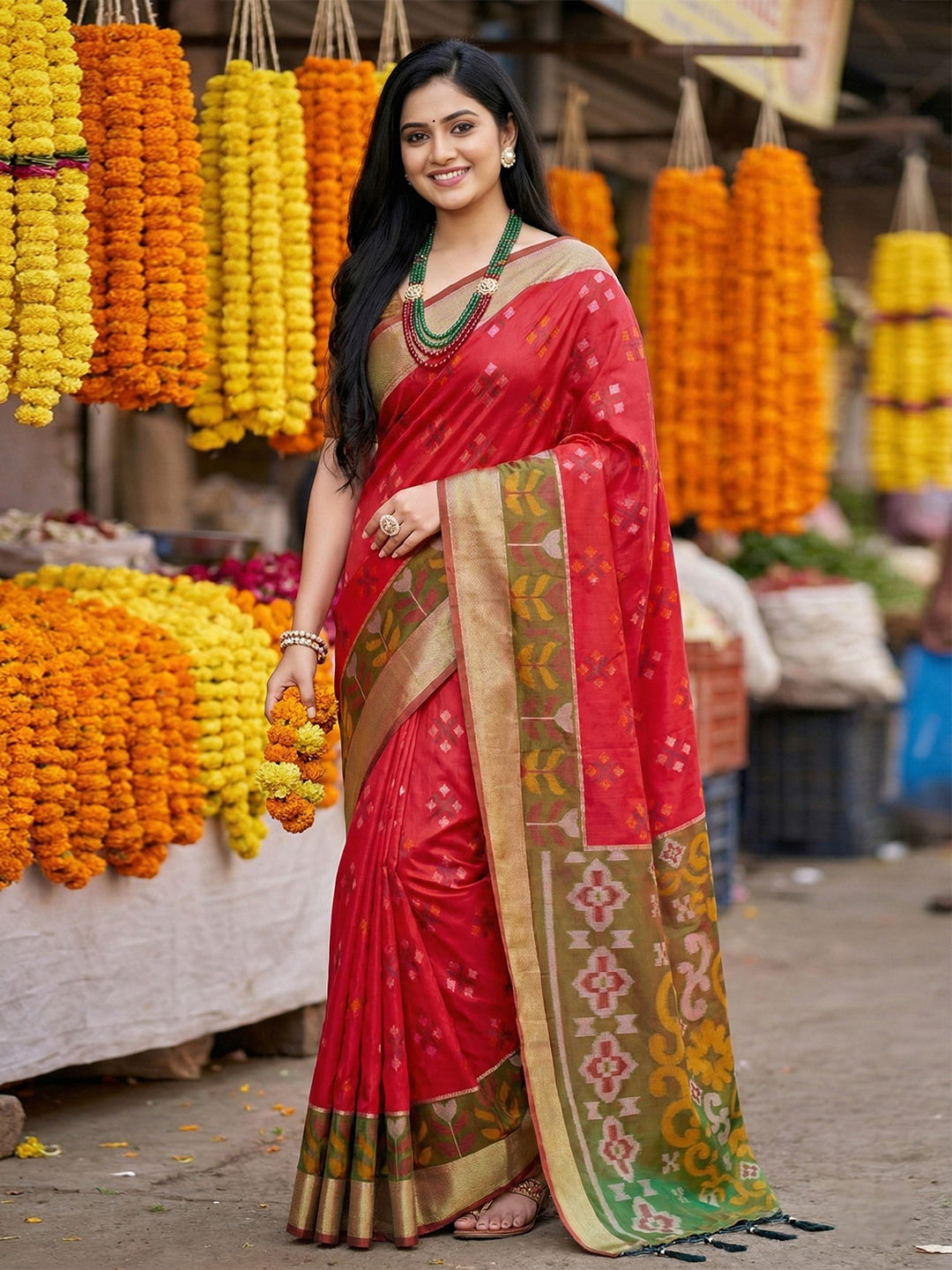 Pochampalli Silk Red Brocade Saree With Blouse Piece