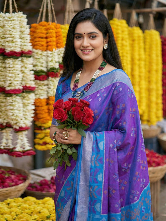Pochampalli Silk Violet Brocade Saree With Blouse Piece