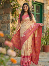 Cream Pochampalli Silk Brocade Saree | EZB SI04 SRPOC 4006