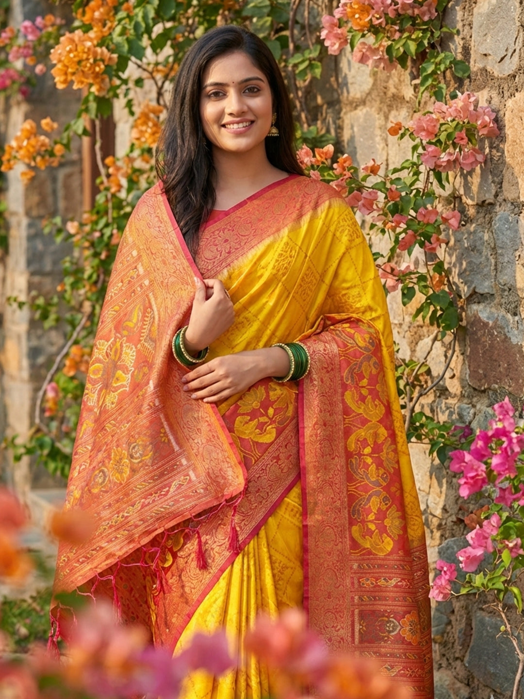 Yellow Pochampalli Silk Saree with Blouse Piece