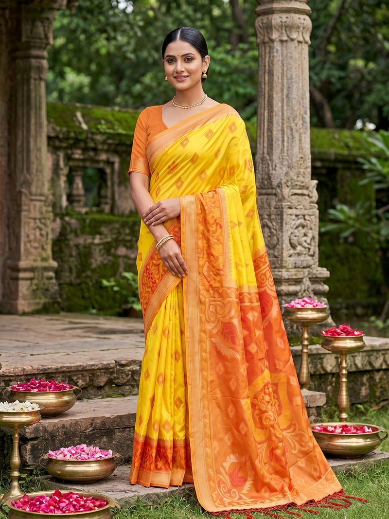 Yellow Soft Silk Stripe N Motif Saree | EZB SI04 SRPOC8005