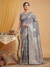 Grey Linen Cotton Brocade Saree | EZB SI04 SRRIW1002