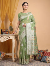 Light Green Linen Cotton Brocade Saree | EZB SI04 SRRIW1004