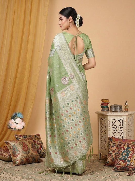 Linen Cotton Light Green Brocade Saree With Blouse Piece
