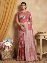 Pink Linen Cotton Brocade Saree | EZB SI04 SRRIW1005