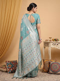Linen Cotton Sea Green Brocade Saree With Blouse Piece