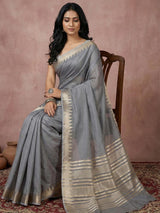 Grey Cotton Brocade Saree | EZB SI04 SRURB 1004