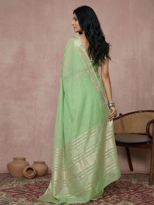Cotton Light Green Brocade Saree With Blouse Piece