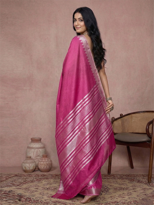 Cotton Wine Brocade Saree With Blouse Piece