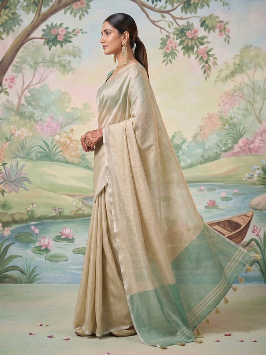 Tissue Silk Beige Brocade Saree With Blouse Piece