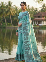 Sea Green Linen Cotton Brocade Saree | EZB SI04 SRYAS 1001