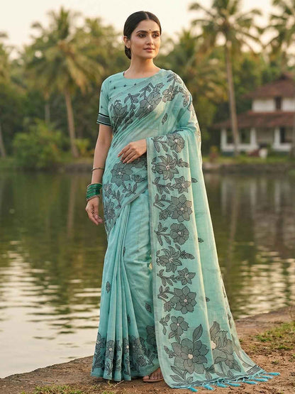 Sea Green Linen Cotton Brocade Saree | EZB SI04 SRYAS 1001