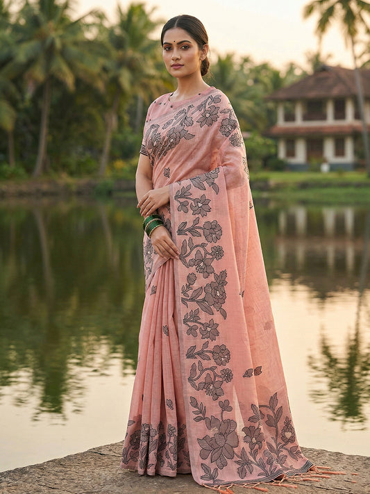 peach-linen-cotton-saree