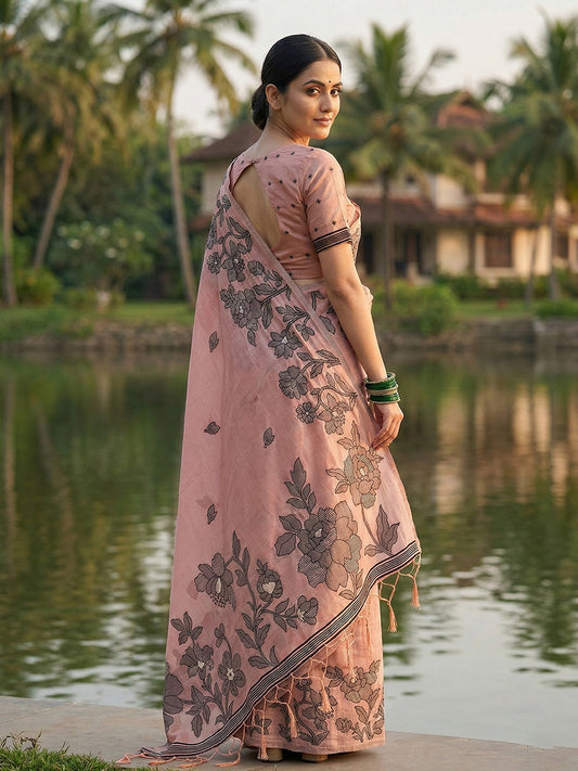 Peach Linen Cotton Saree with Blouse Piece | EZBER