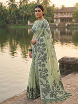 Light Green Linen Cotton Brocade Saree | EZB SI04 SRYAS 1003