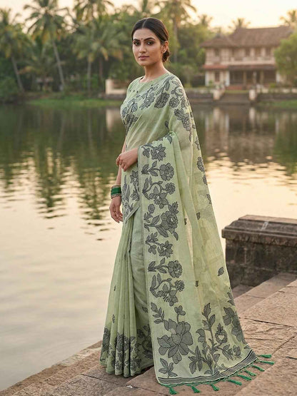 Light Green Linen Cotton Brocade Saree | EZB SI04 SRYAS 1003