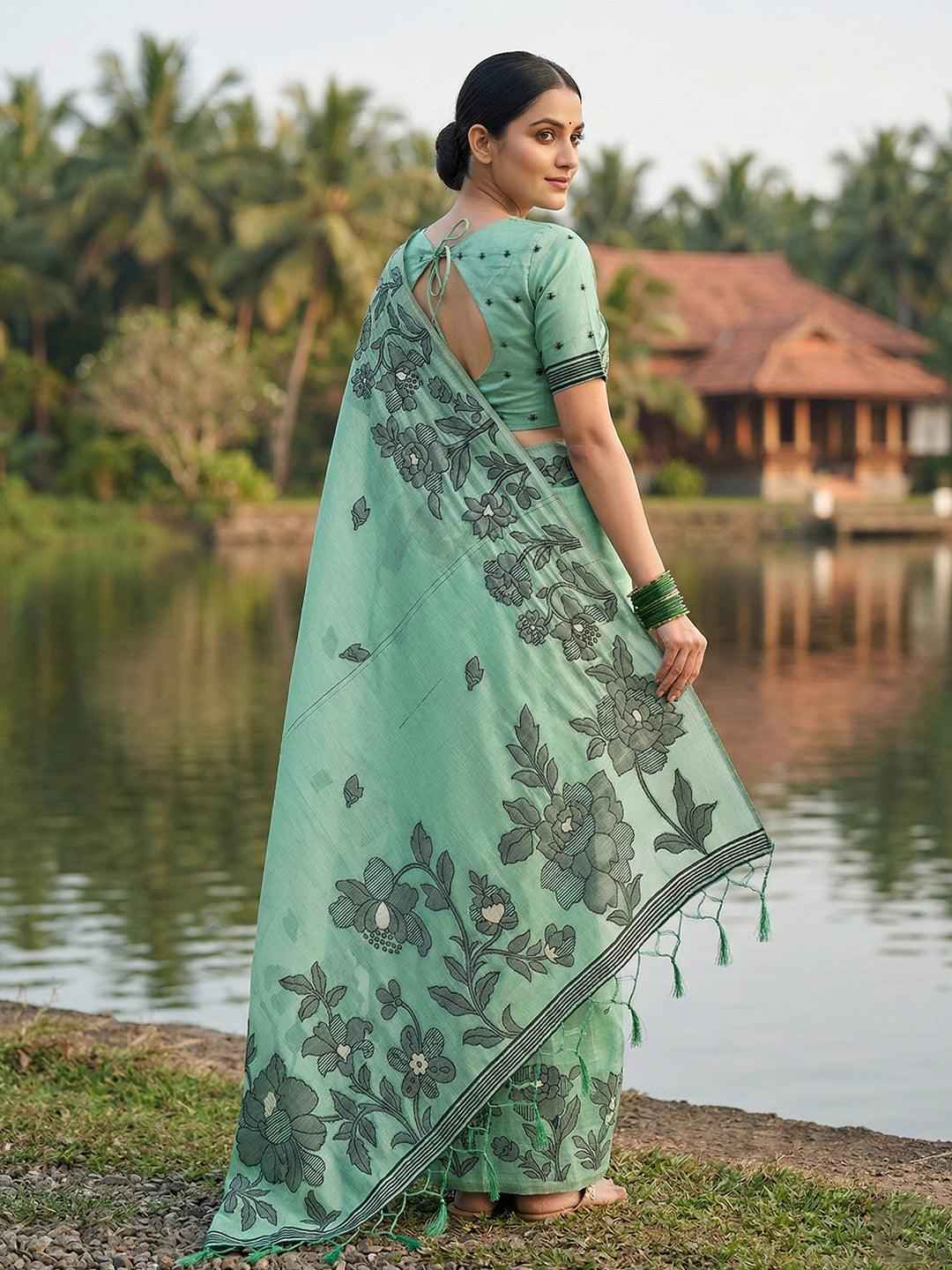Rama Green Linen Cotton Brocade Saree | EZB SI04 SRYAS 1005
