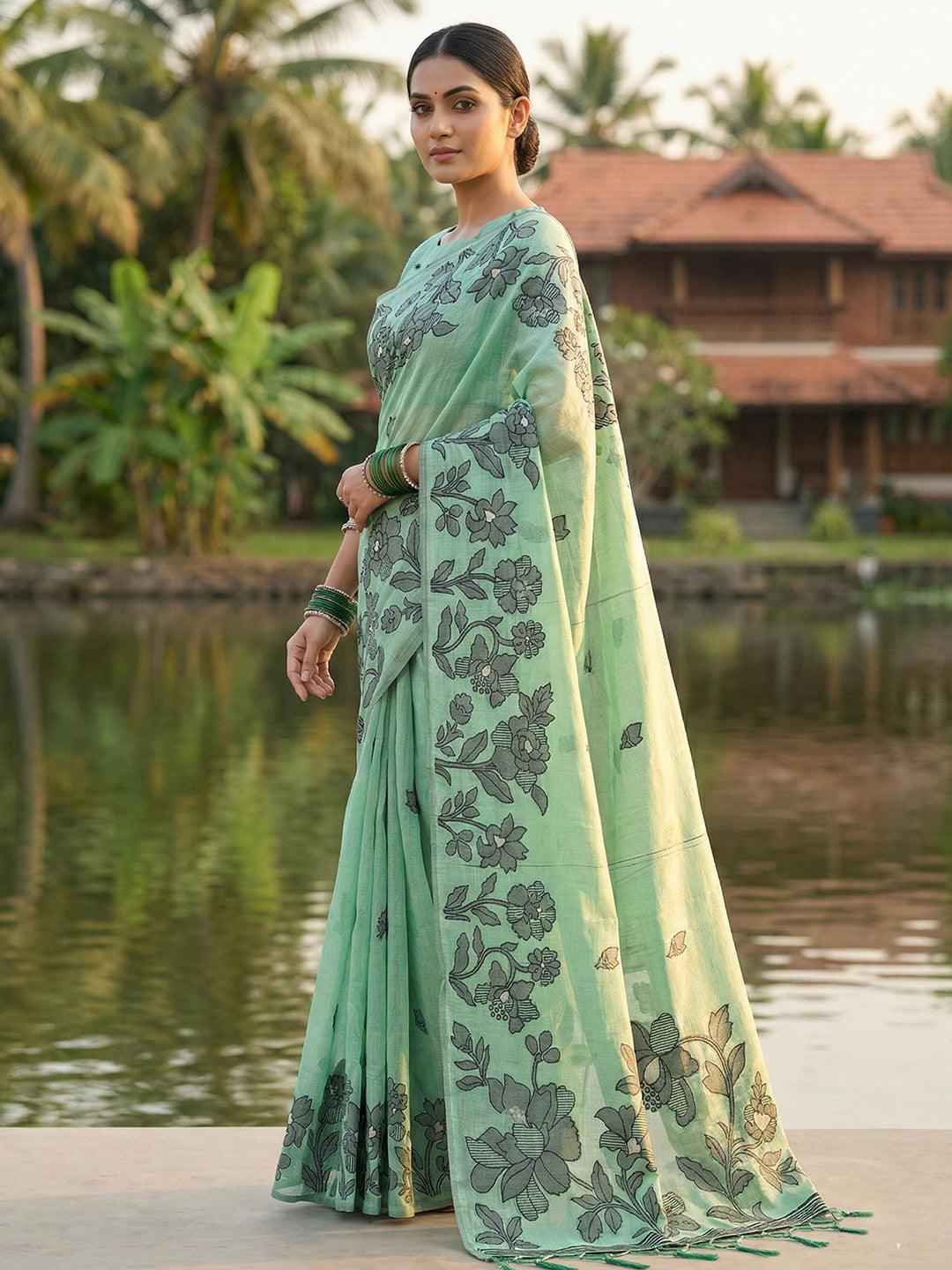 Rama Green Linen Cotton Brocade Saree | EZB SI04 SRYAS 1005