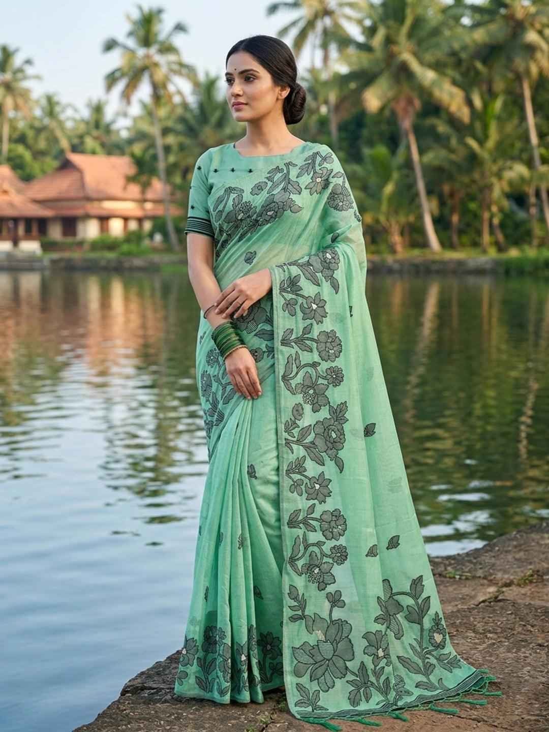 Rama Green Linen Cotton Brocade Saree | EZB SI04 SRYAS 1005