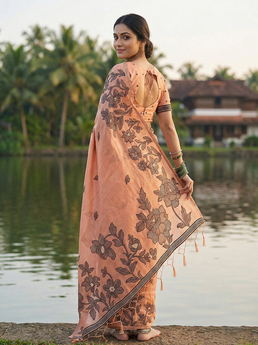 Orange Linen Cotton Saree with Blouse Piece | EZBER