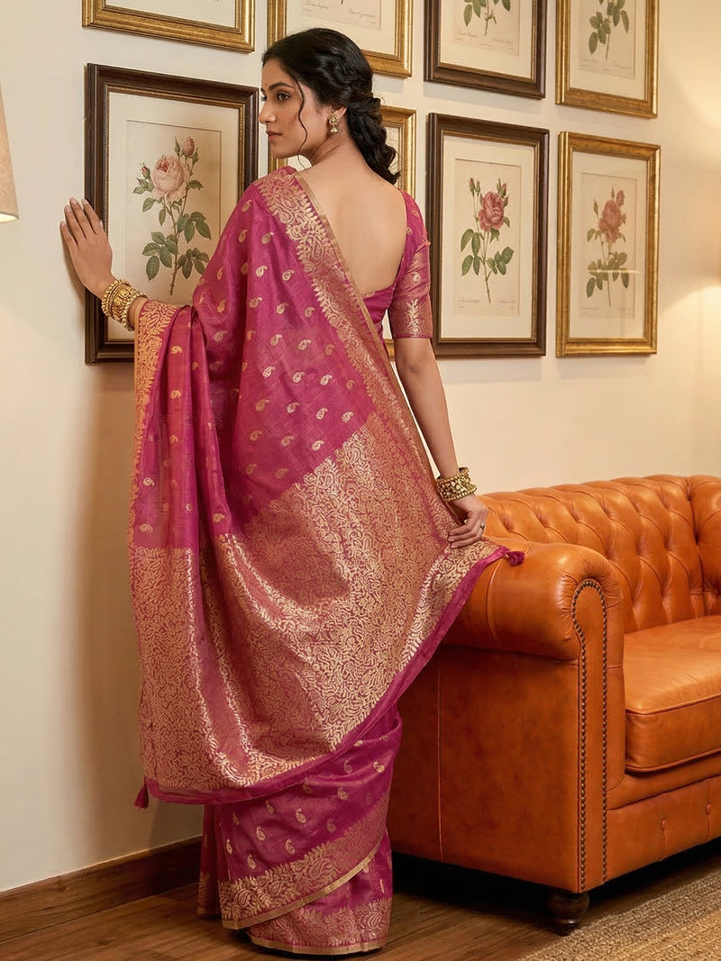 Tissue Silk Wine Brocade Saree With Blouse Piece